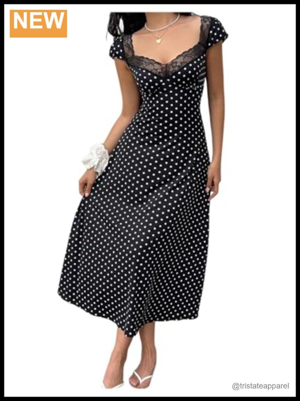 Women's Polka Dots Lace Trim Sweetheart Neck Cap Sleeve Maxi Dress